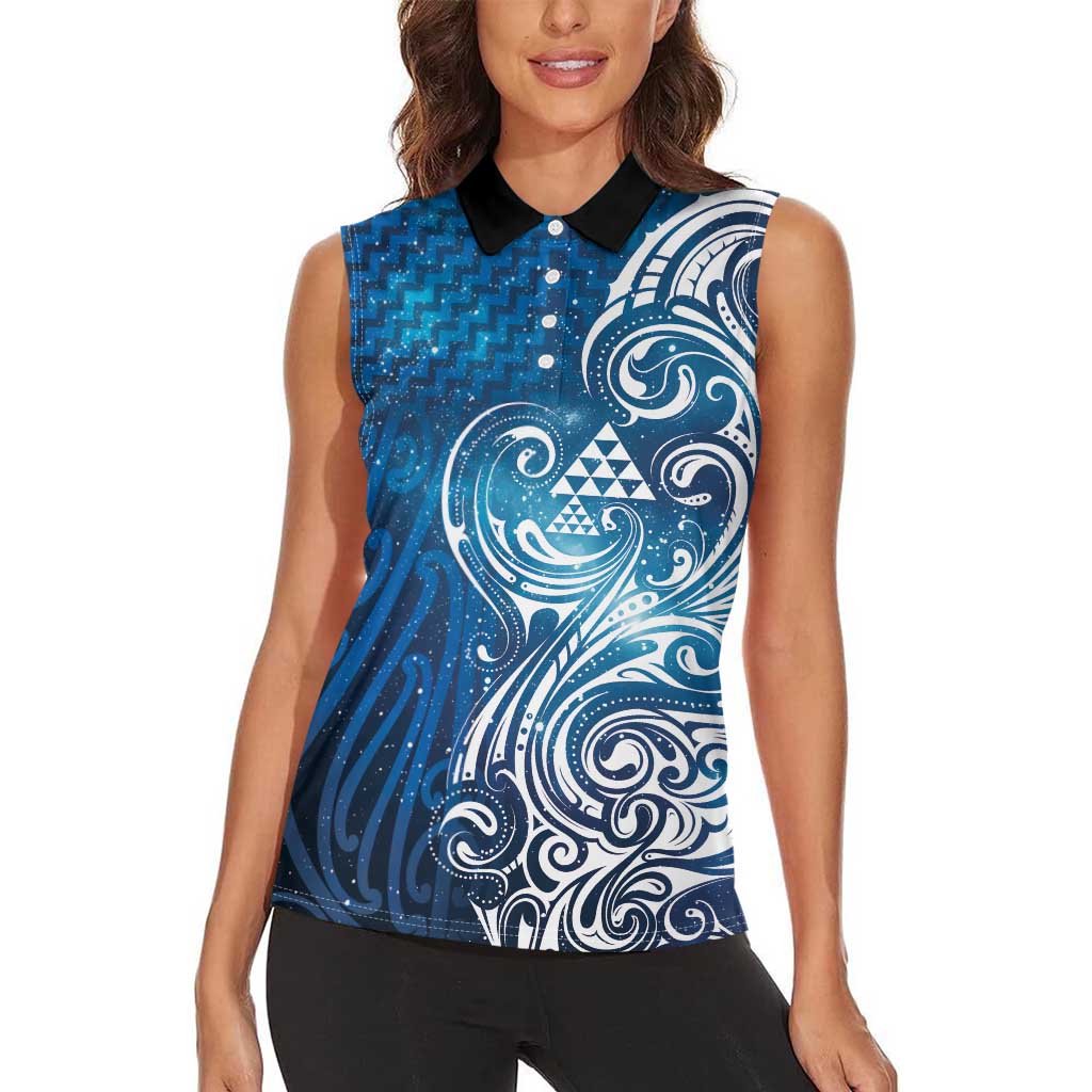 Matariki Galaxy Women Sleeveless Polo Shirt Maori Taniko Pattern