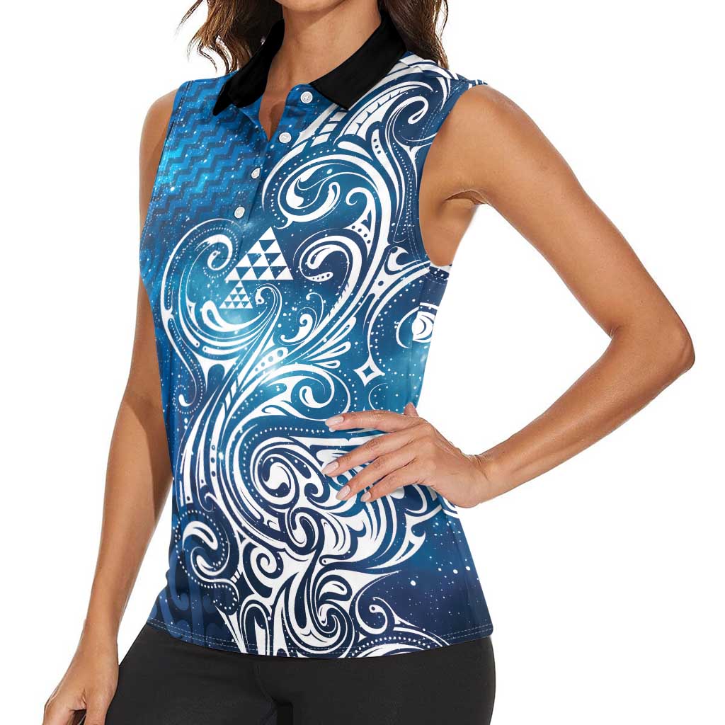 Matariki Galaxy Women Sleeveless Polo Shirt Maori Taniko Pattern