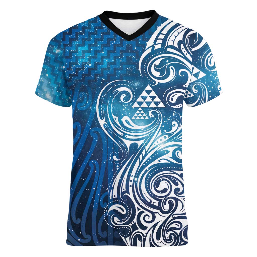 Matariki Galaxy Women V-Neck T-Shirt Maori Taniko Pattern