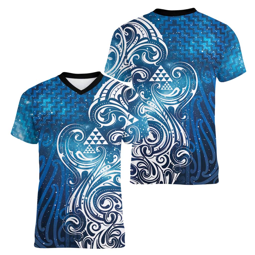 Matariki Galaxy Women V-Neck T-Shirt Maori Taniko Pattern