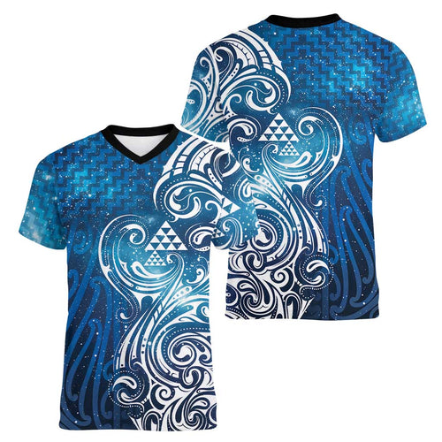 Matariki Galaxy Women V-Neck T-Shirt Maori Taniko Pattern