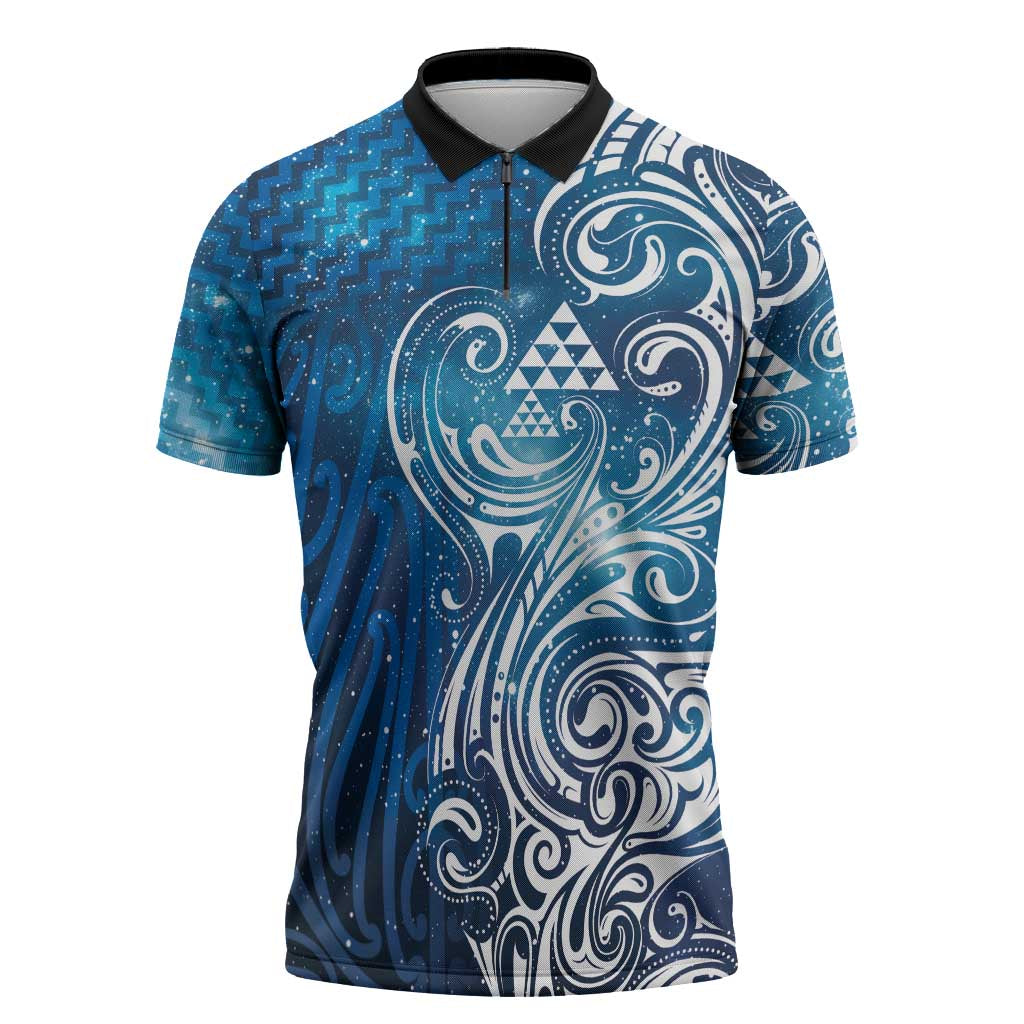 Matariki Galaxy Zipper Polo Shirt Maori Taniko Pattern