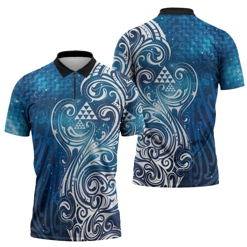Matariki Galaxy Zipper Polo Shirt Maori Taniko Pattern