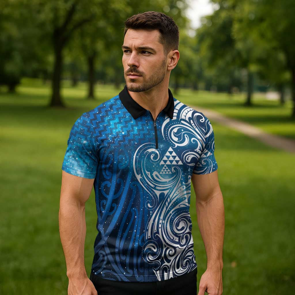 Matariki Galaxy Zipper Polo Shirt Maori Taniko Pattern