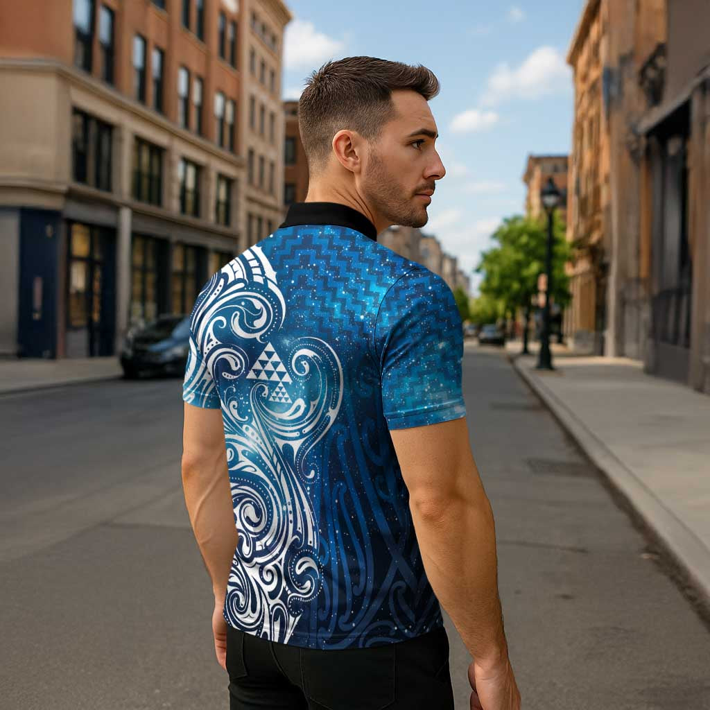 Matariki Galaxy Zipper Polo Shirt Maori Taniko Pattern