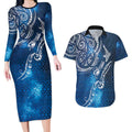 Matariki Galaxy Couples Matching Long Sleeve Bodycon Dress and Hawaiian Shirt New Zealand Map Maori Pattern