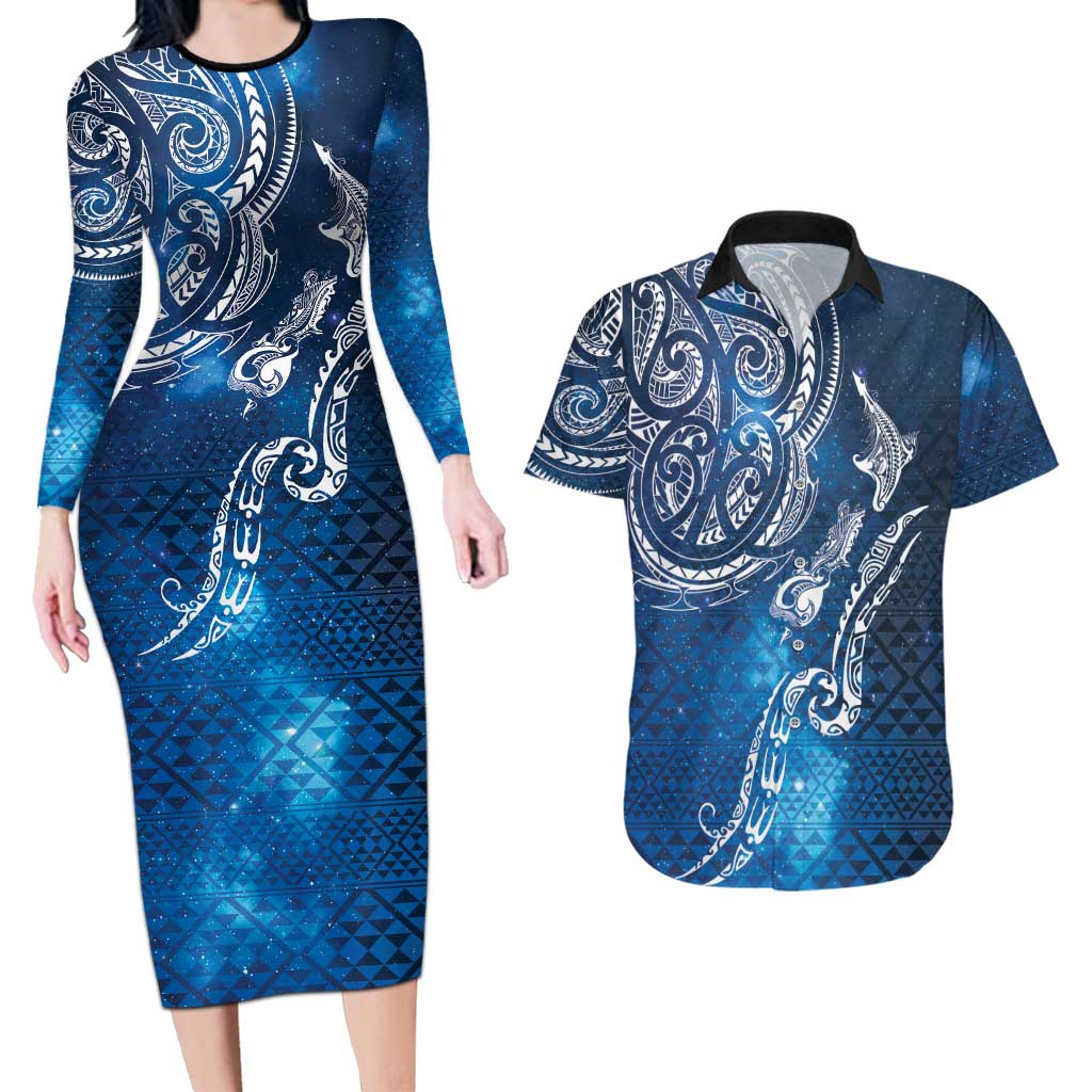 Matariki Galaxy Couples Matching Long Sleeve Bodycon Dress and Hawaiian Shirt New Zealand Map Maori Pattern