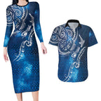 Matariki Galaxy Couples Matching Long Sleeve Bodycon Dress and Hawaiian Shirt New Zealand Map Maori Pattern
