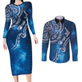 Matariki Galaxy Couples Matching Long Sleeve Bodycon Dress and Long Sleeve Button Shirt New Zealand Map Maori Pattern