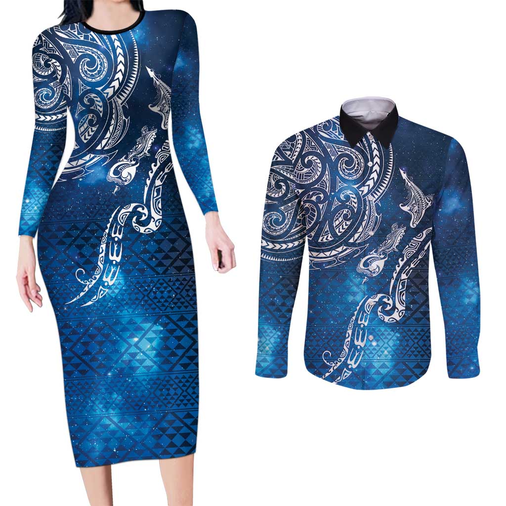 Matariki Galaxy Couples Matching Long Sleeve Bodycon Dress and Long Sleeve Button Shirt New Zealand Map Maori Pattern