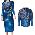 Matariki Galaxy Couples Matching Long Sleeve Bodycon Dress and Long Sleeve Button Shirt New Zealand Map Maori Pattern