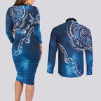 Matariki Galaxy Couples Matching Long Sleeve Bodycon Dress and Long Sleeve Button Shirt New Zealand Map Maori Pattern