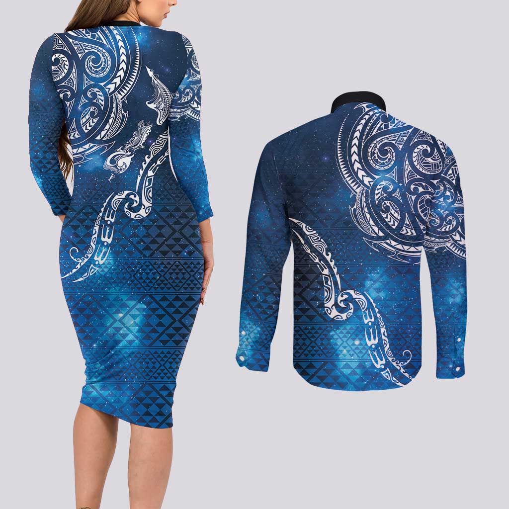 Matariki Galaxy Couples Matching Long Sleeve Bodycon Dress and Long Sleeve Button Shirt New Zealand Map Maori Pattern