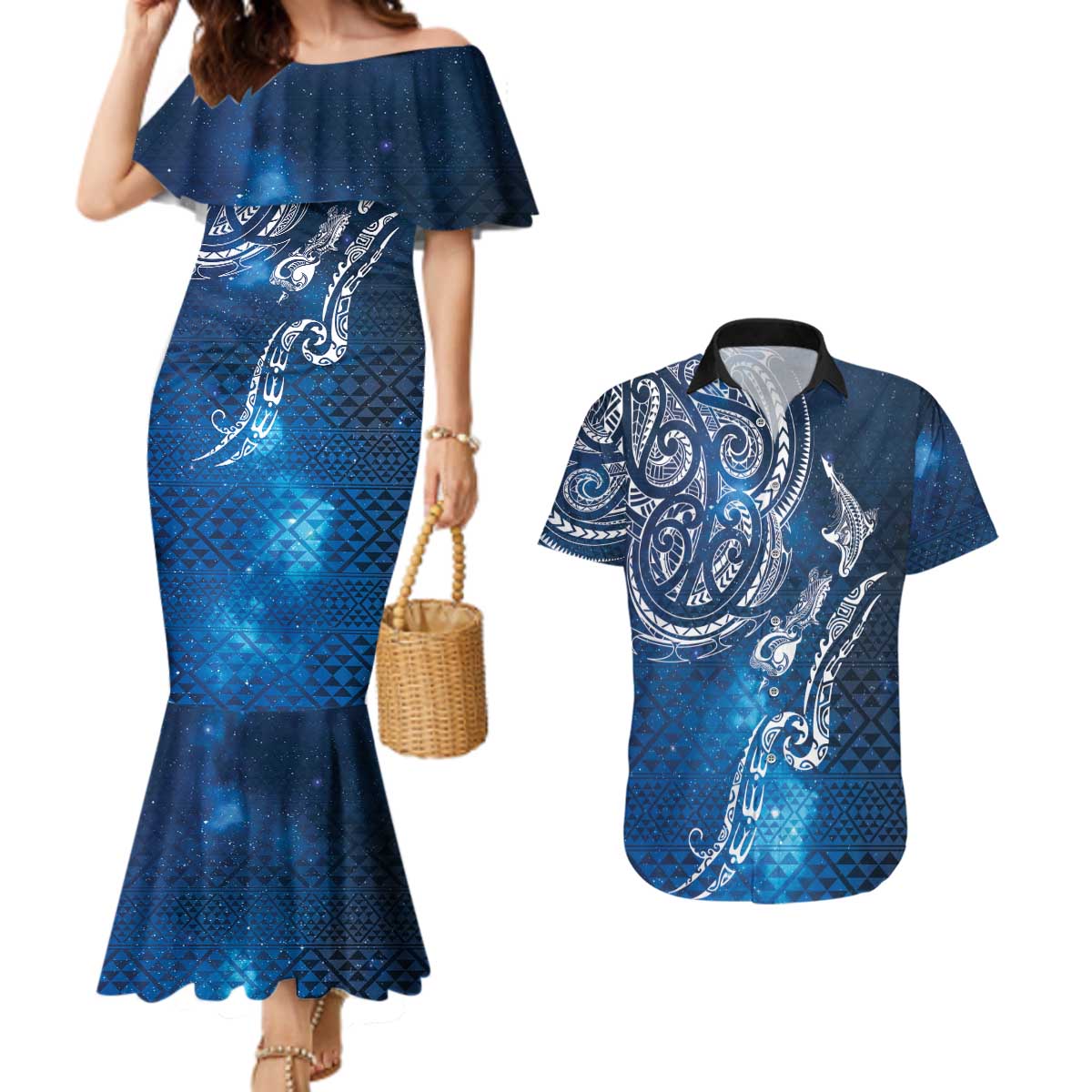 Matariki Galaxy Couples Matching Mermaid Dress and Hawaiian Shirt New Zealand Map Maori Pattern