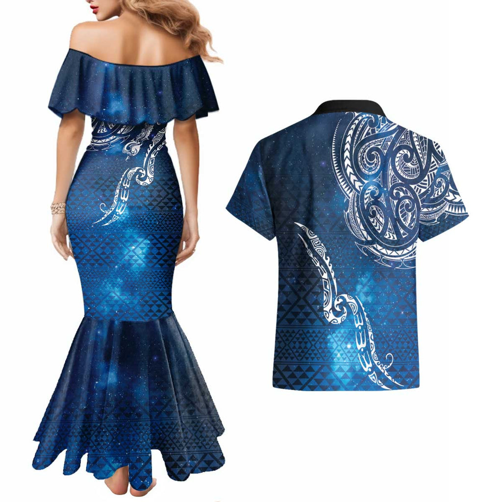 Matariki Galaxy Couples Matching Mermaid Dress and Hawaiian Shirt New Zealand Map Maori Pattern
