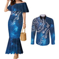 Matariki Galaxy Couples Matching Mermaid Dress and Long Sleeve Button Shirt New Zealand Map Maori Pattern