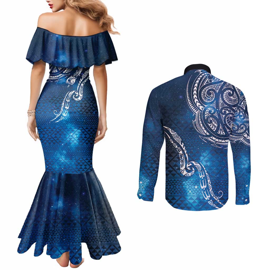 Matariki Galaxy Couples Matching Mermaid Dress and Long Sleeve Button Shirt New Zealand Map Maori Pattern
