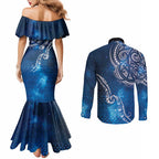 Matariki Galaxy Couples Matching Mermaid Dress and Long Sleeve Button Shirt New Zealand Map Maori Pattern
