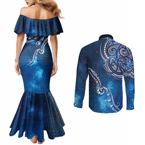 Matariki Galaxy Couples Matching Mermaid Dress and Long Sleeve Button Shirt New Zealand Map Maori Pattern