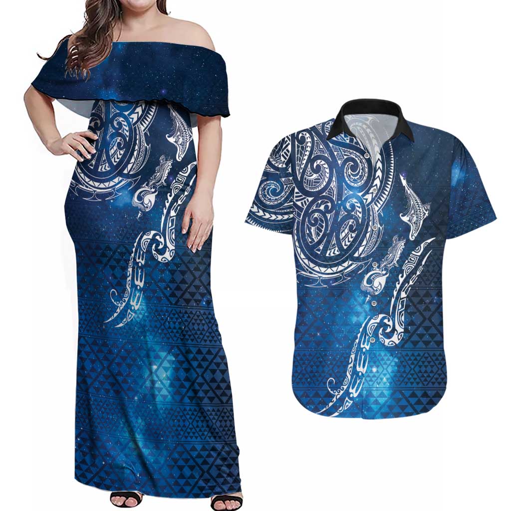 Matariki Galaxy Couples Matching Off Shoulder Maxi Dress and Hawaiian Shirt New Zealand Map Maori Pattern