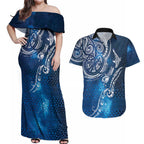 Matariki Galaxy Couples Matching Off Shoulder Maxi Dress and Hawaiian Shirt New Zealand Map Maori Pattern