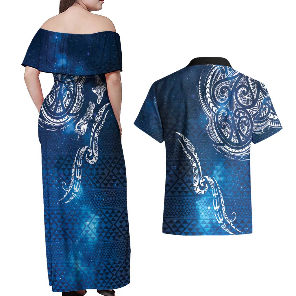 Matariki Galaxy Couples Matching Off Shoulder Maxi Dress and Hawaiian Shirt New Zealand Map Maori Pattern