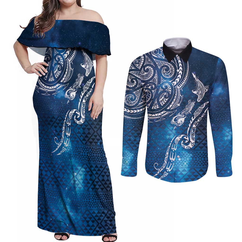 Matariki Galaxy Couples Matching Off Shoulder Maxi Dress and Long Sleeve Button Shirt New Zealand Map Maori Pattern