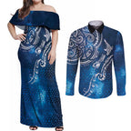 Matariki Galaxy Couples Matching Off Shoulder Maxi Dress and Long Sleeve Button Shirt New Zealand Map Maori Pattern