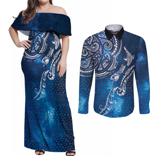 Matariki Galaxy Couples Matching Off Shoulder Maxi Dress and Long Sleeve Button Shirt New Zealand Map Maori Pattern