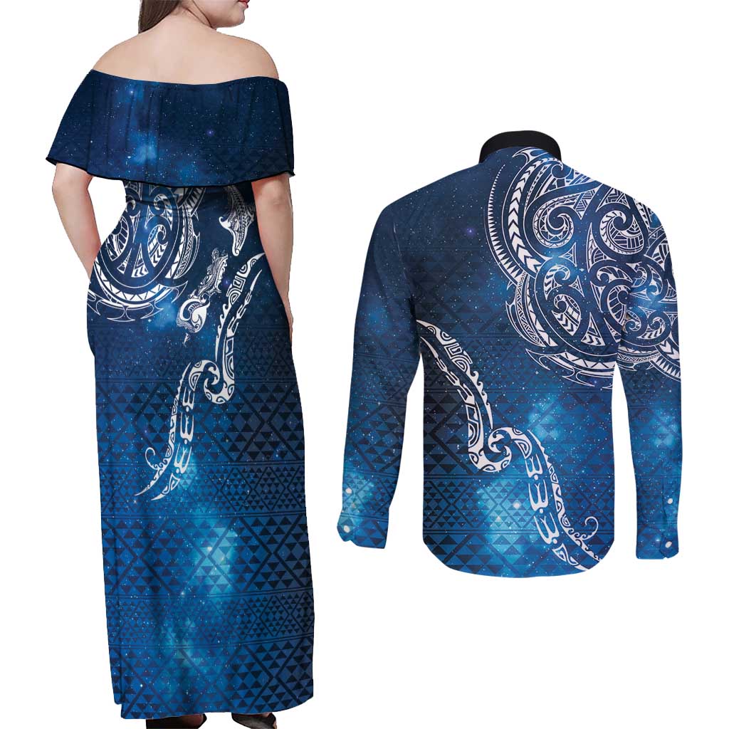 Matariki Galaxy Couples Matching Off Shoulder Maxi Dress and Long Sleeve Button Shirt New Zealand Map Maori Pattern
