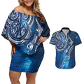 Matariki Galaxy Couples Matching Off Shoulder Short Dress and Hawaiian Shirt New Zealand Map Maori Pattern