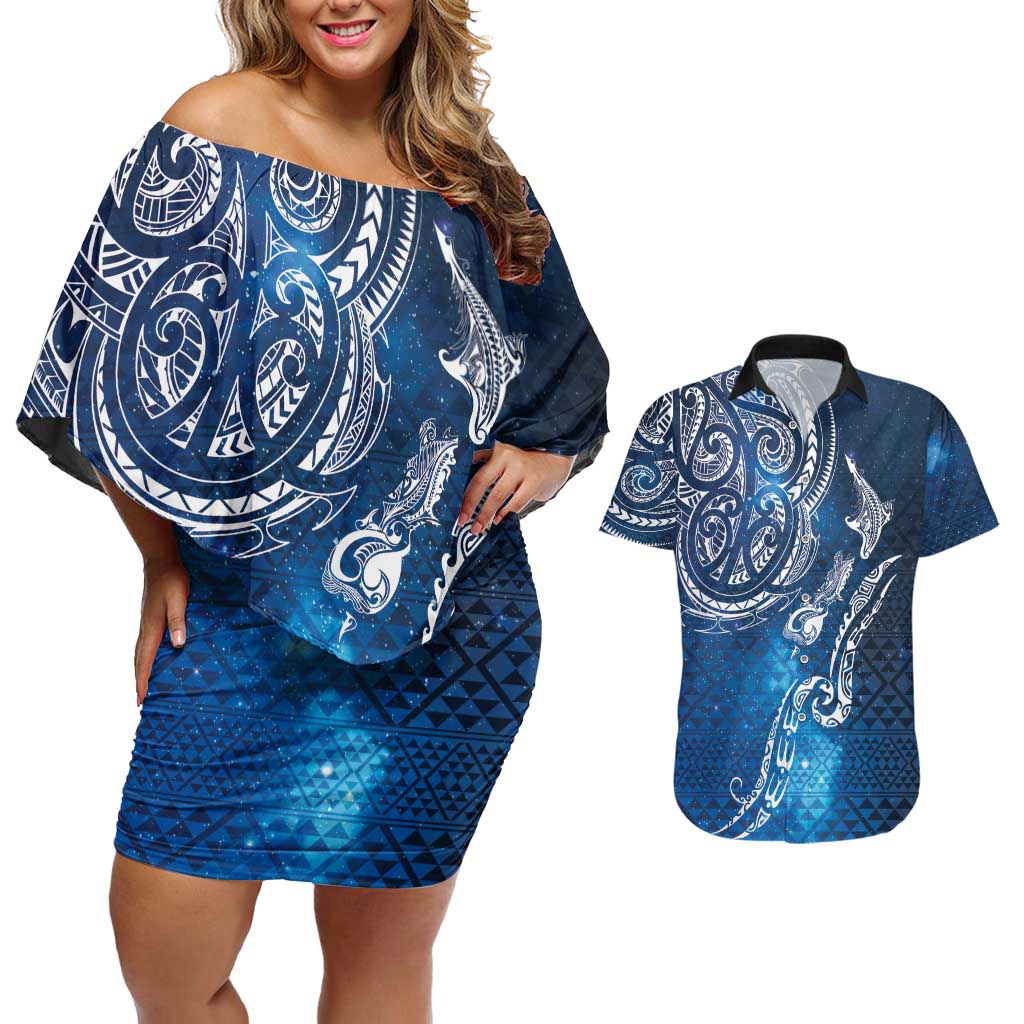 Matariki Galaxy Couples Matching Off Shoulder Short Dress and Hawaiian Shirt New Zealand Map Maori Pattern