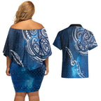 Matariki Galaxy Couples Matching Off Shoulder Short Dress and Hawaiian Shirt New Zealand Map Maori Pattern