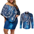 Matariki Galaxy Couples Matching Off Shoulder Short Dress and Long Sleeve Button Shirt New Zealand Map Maori Pattern