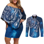 Matariki Galaxy Couples Matching Off Shoulder Short Dress and Long Sleeve Button Shirt New Zealand Map Maori Pattern