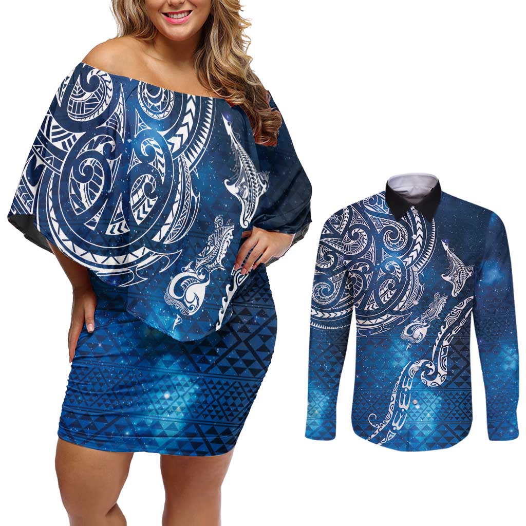 Matariki Galaxy Couples Matching Off Shoulder Short Dress and Long Sleeve Button Shirt New Zealand Map Maori Pattern