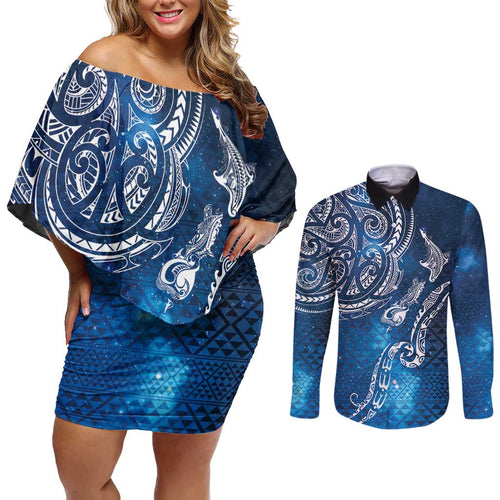Matariki Galaxy Couples Matching Off Shoulder Short Dress and Long Sleeve Button Shirt New Zealand Map Maori Pattern