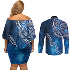 Matariki Galaxy Couples Matching Off Shoulder Short Dress and Long Sleeve Button Shirt New Zealand Map Maori Pattern