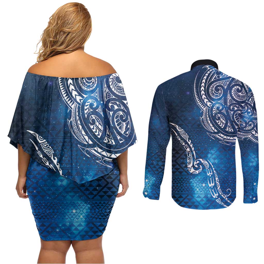 Matariki Galaxy Couples Matching Off Shoulder Short Dress and Long Sleeve Button Shirt New Zealand Map Maori Pattern