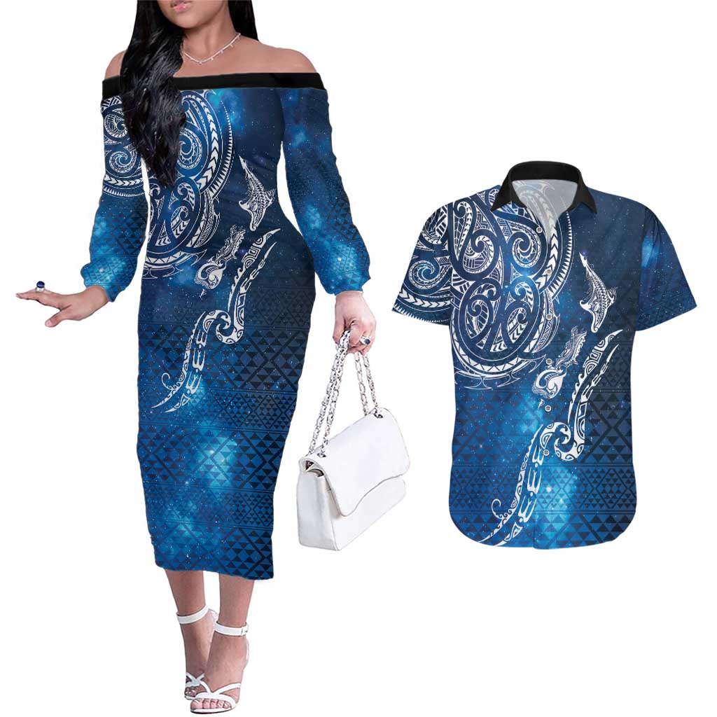 Matariki Galaxy Couples Matching Off The Shoulder Long Sleeve Dress and Hawaiian Shirt New Zealand Map Maori Pattern