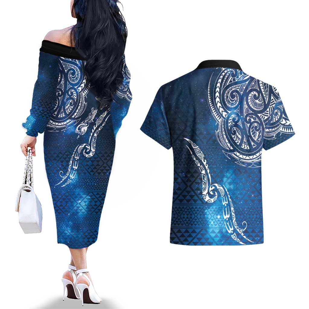 Matariki Galaxy Couples Matching Off The Shoulder Long Sleeve Dress and Hawaiian Shirt New Zealand Map Maori Pattern
