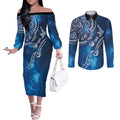 Matariki Galaxy Couples Matching Off The Shoulder Long Sleeve Dress and Long Sleeve Button Shirt New Zealand Map Maori Pattern