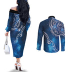 Matariki Galaxy Couples Matching Off The Shoulder Long Sleeve Dress and Long Sleeve Button Shirt New Zealand Map Maori Pattern