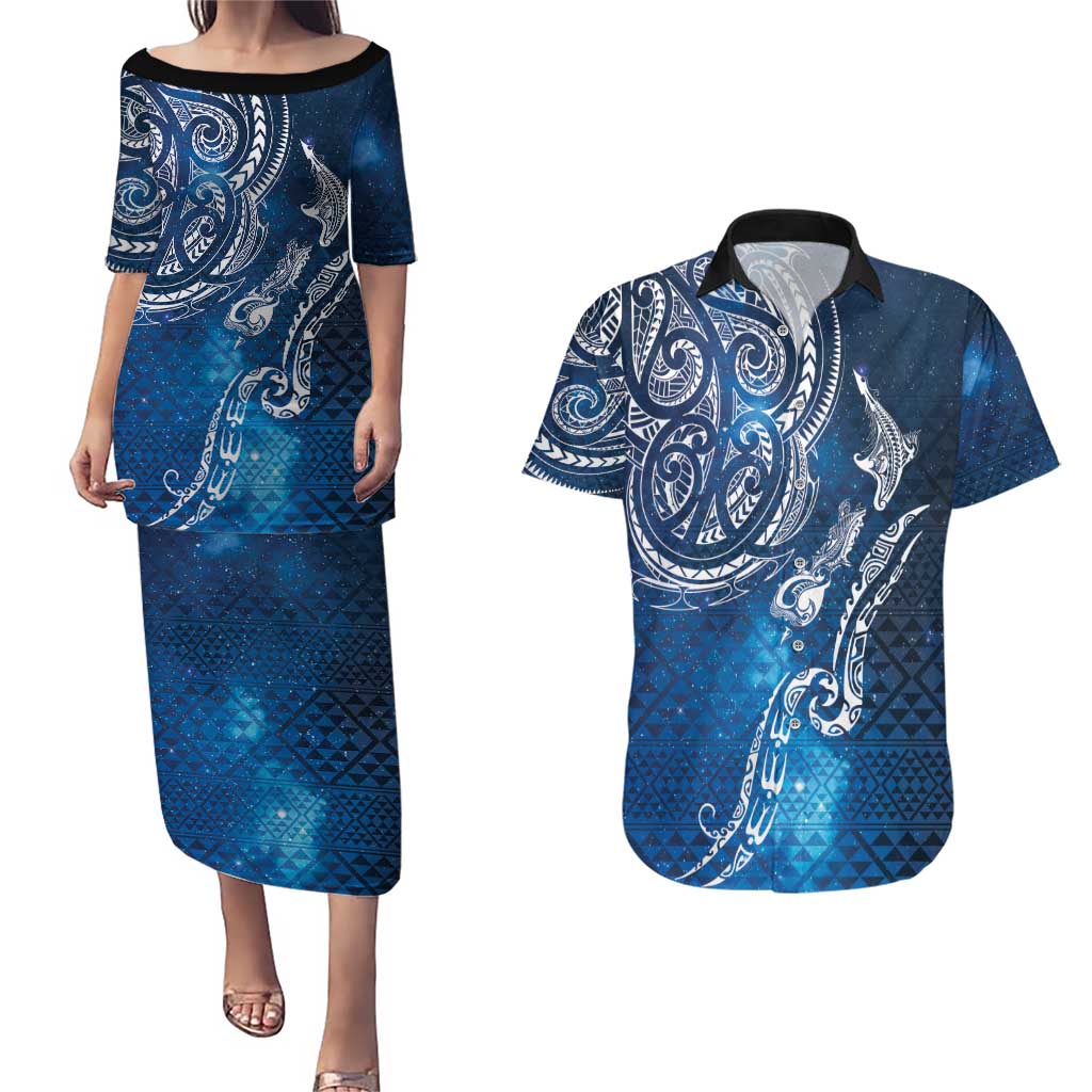 Matariki Galaxy Couples Matching Puletasi and Hawaiian Shirt New Zealand Map Maori Pattern