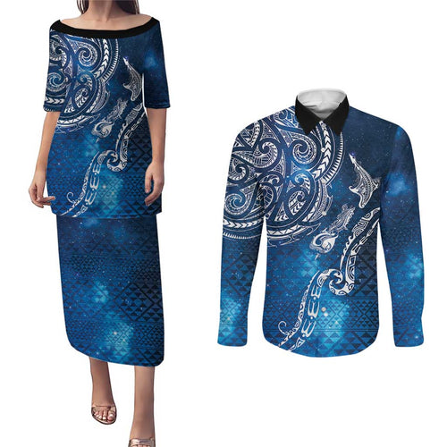 Matariki Galaxy Couples Matching Puletasi and Long Sleeve Button Shirt New Zealand Map Maori Pattern