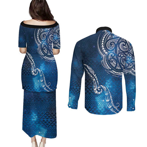 Matariki Galaxy Couples Matching Puletasi and Long Sleeve Button Shirt New Zealand Map Maori Pattern