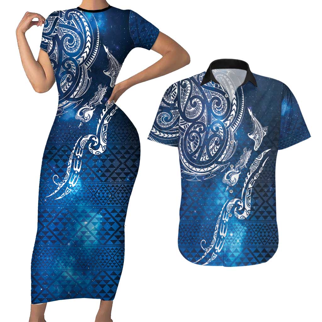 Matariki Galaxy Couples Matching Short Sleeve Bodycon Dress and Hawaiian Shirt New Zealand Map Maori Pattern