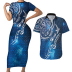 Matariki Galaxy Couples Matching Short Sleeve Bodycon Dress and Hawaiian Shirt New Zealand Map Maori Pattern