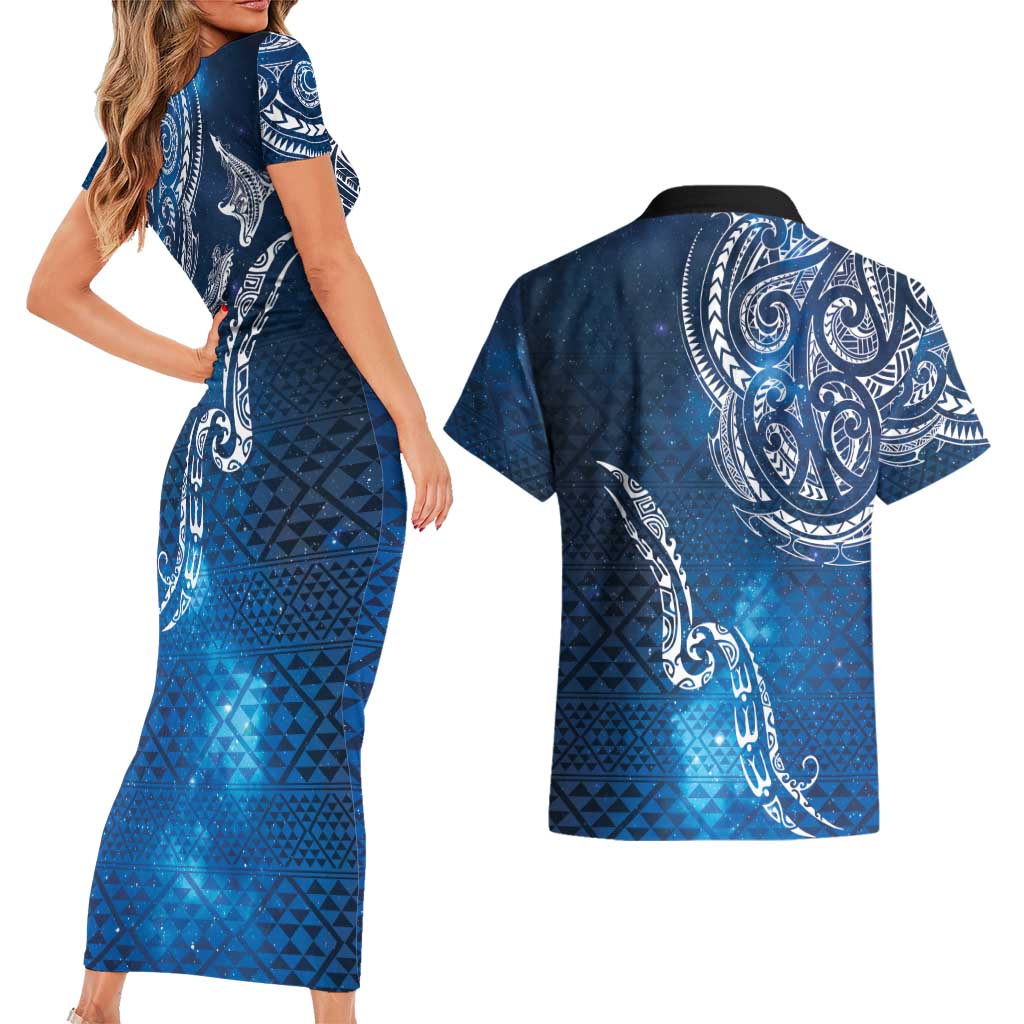Matariki Galaxy Couples Matching Short Sleeve Bodycon Dress and Hawaiian Shirt New Zealand Map Maori Pattern