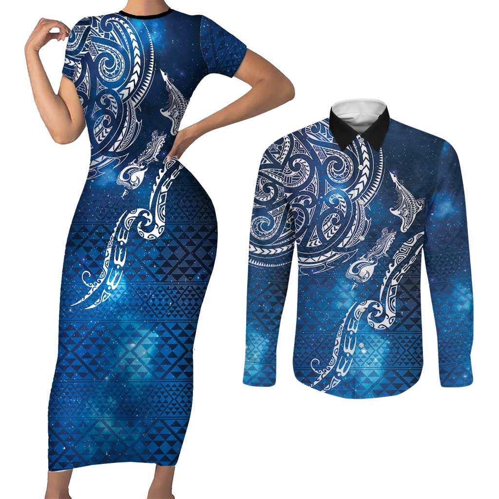 Matariki Galaxy Couples Matching Short Sleeve Bodycon Dress and Long Sleeve Button Shirt New Zealand Map Maori Pattern
